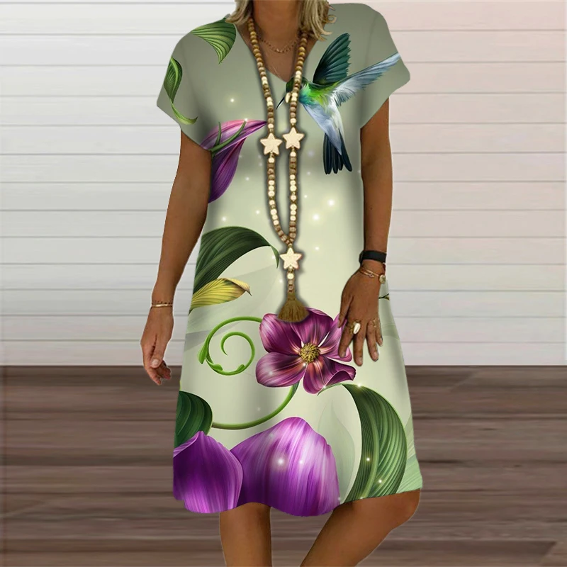Summer Fashion Butterfly Plant Flowers Print Women Dress Elegant Sweet Short Sleeve V-Neck Oversized Clothing Casual Loose Dress