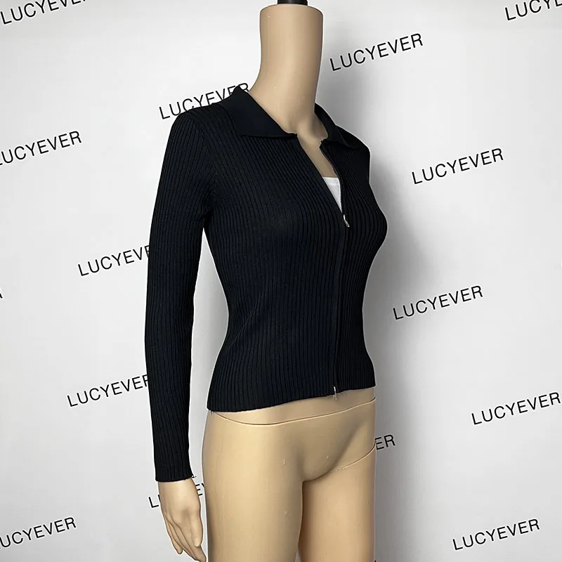 Lucyever Black Zipper Knitted Cardigan Women Autumn Winter New Turndown Collar Cropped Sweater Streetwear Slim Y2K Knitwear Lady