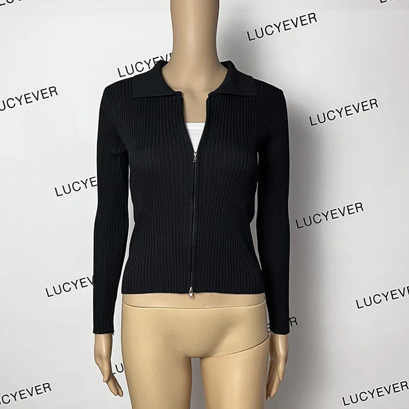 Lucyever Black Zipper Knitted Cardigan Women Autumn Winter New Turndown Collar Cropped Sweater Streetwear Slim Y2K Knitwear Lady
