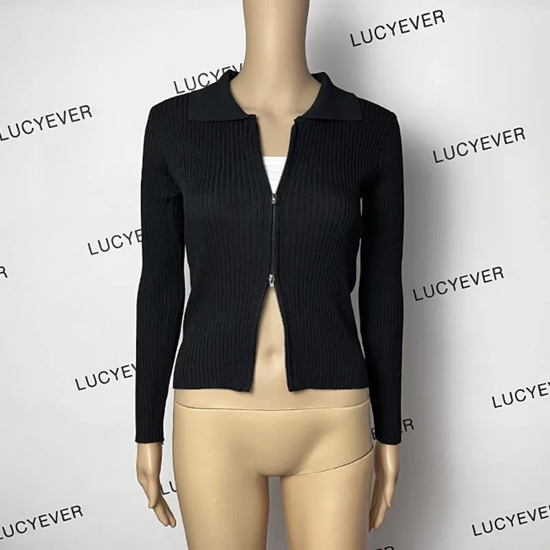 Lucyever Black Zipper Knitted Cardigan Women Autumn Winter New Turndown Collar Cropped Sweater Streetwear Slim Y2K Knitwear Lady