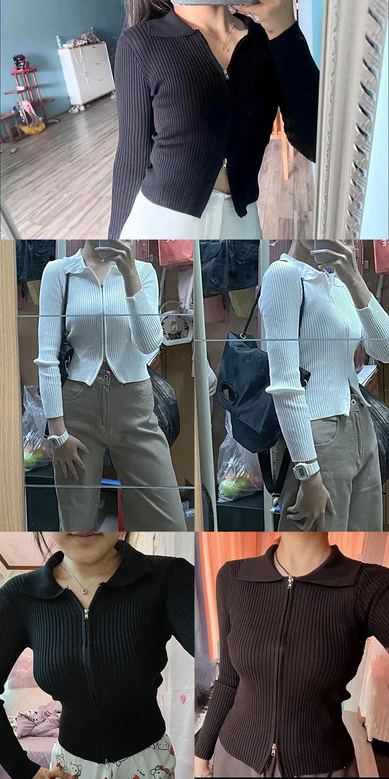 Lucyever Black Zipper Knitted Cardigan Women Autumn Winter New Turndown Collar Cropped Sweater Streetwear Slim Y2K Knitwear Lady