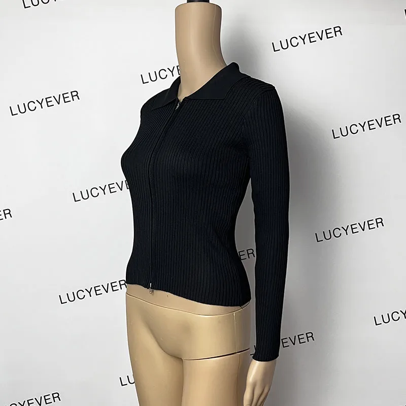 Lucyever Black Zipper Knitted Cardigan Women Autumn Winter New Turndown Collar Cropped Sweater Streetwear Slim Y2K Knitwear Lady