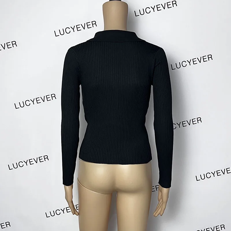 Lucyever Black Zipper Knitted Cardigan Women Autumn Winter New Turndown Collar Cropped Sweater Streetwear Slim Y2K Knitwear Lady