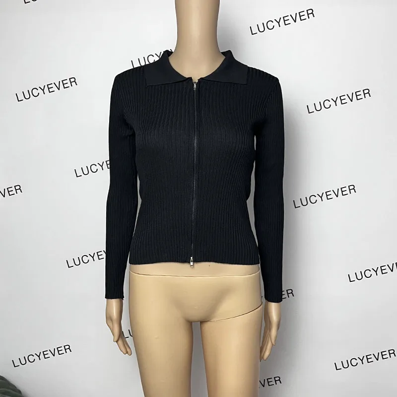 Lucyever Black Zipper Knitted Cardigan Women Autumn Winter New Turndown Collar Cropped Sweater Streetwear Slim Y2K Knitwear Lady