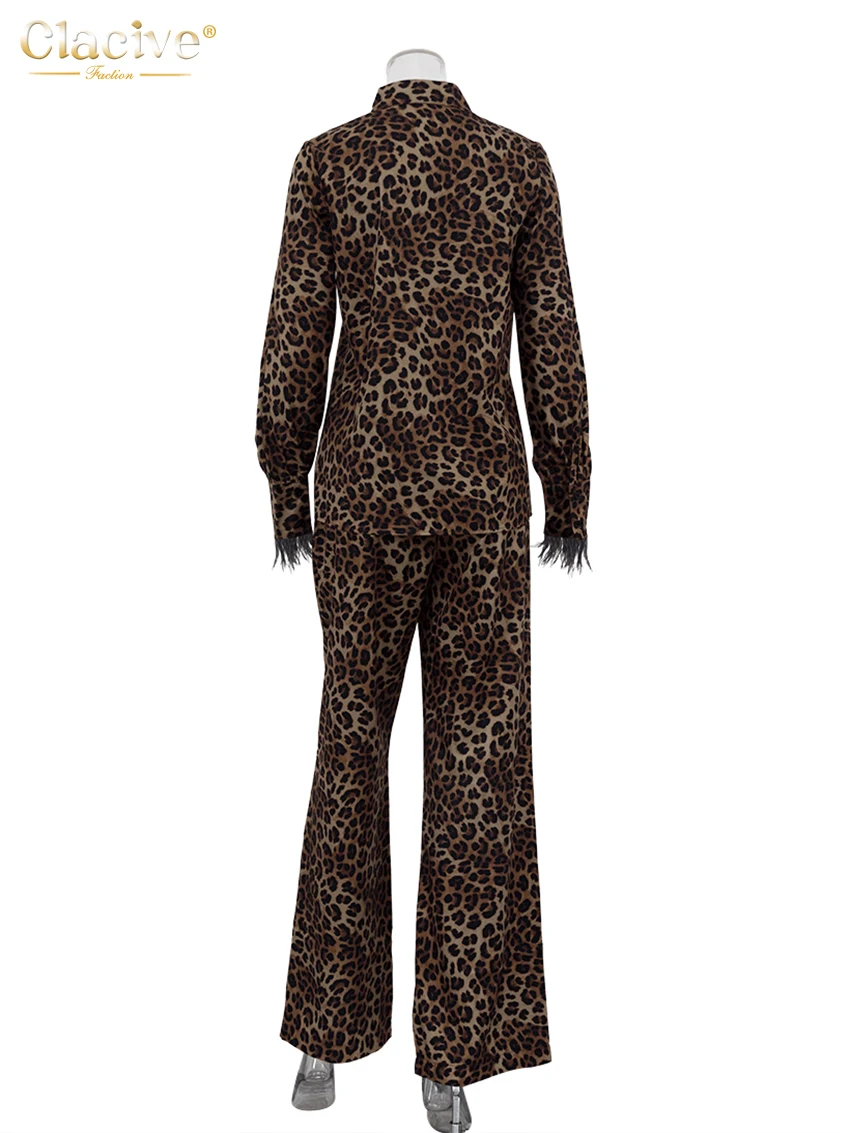 Clacive Sexy Slim Leopard Print Women Two Piece Outfits 2023 Fashion Long Sleeve Shirts With Mid Waits Wide Leg Pants Set Female