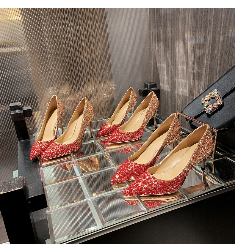 Heels for Women Luxury Women's High Heels Pointed Toe Glitter Red Designer Pumps Wedding Bridal Valentine Ladies Shoes Women