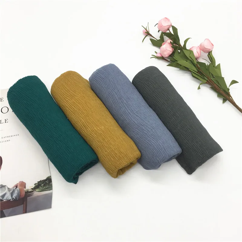 90x180CM Muslim Women Plain Soft Cotton Crumpled Jersey Hijab Fashion Ramadan Breathable Ladies High Quality Turban Scarf Shawl