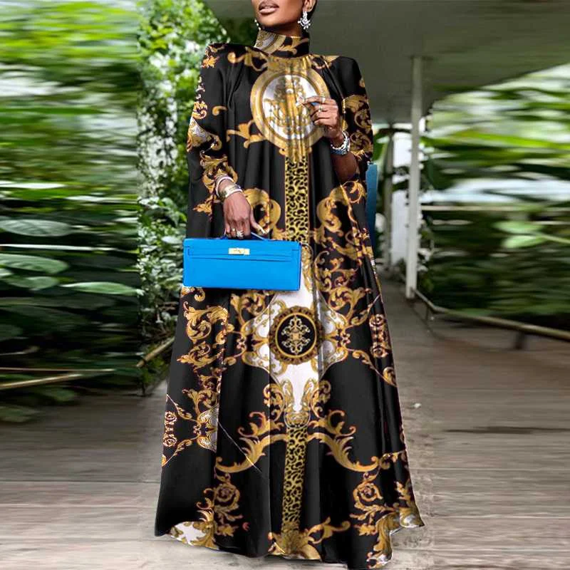 VONDA Elegant Women Maxi Sundress Stand Collar Sexy Sleeveless Bohemian Printed Long Dress Casual Loose Bat Sleeve Party Robe