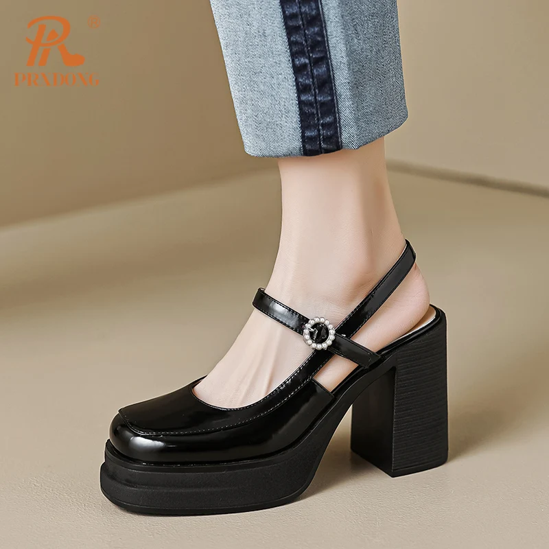 PRXDONG Brand Spring Summer Comfortable Square High Heels Thick Platform Black Beige Dress Party Office Lady Shoes Pumps Size 39