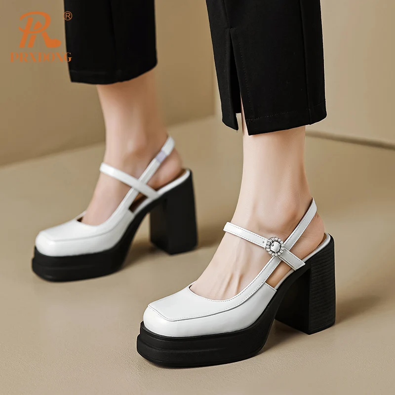 PRXDONG Brand Spring Summer Comfortable Square High Heels Thick Platform Black Beige Dress Party Office Lady Shoes Pumps Size 39