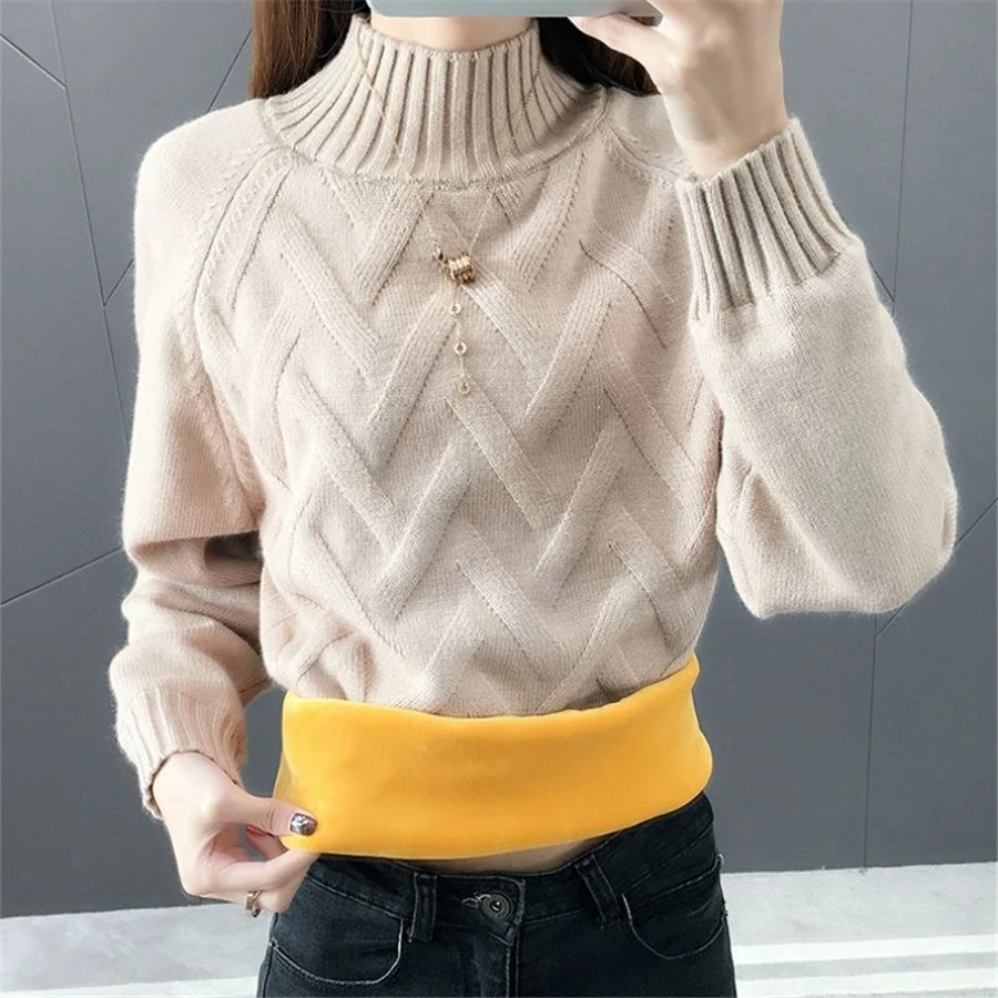 Winter Thicken Plus Velvet Sweaters For Women Casual Warm Knit Pullovers Korean Fleece Lined Knitwear Ribbed Bottomed Tops New