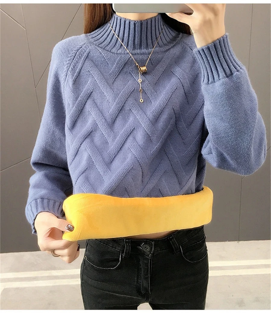 Winter Thicken Plus Velvet Sweaters For Women Casual Warm Knit Pullovers Korean Fleece Lined Knitwear Ribbed Bottomed Tops New