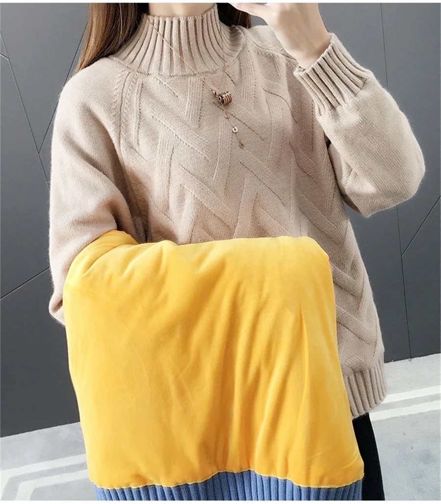 Winter Thicken Plus Velvet Sweaters For Women Casual Warm Knit Pullovers Korean Fleece Lined Knitwear Ribbed Bottomed Tops New