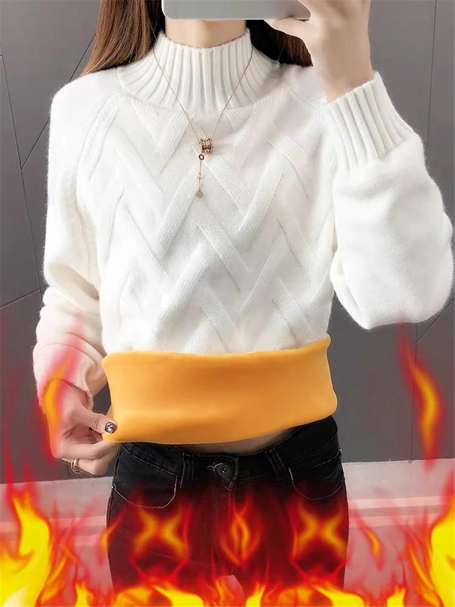 Winter Thicken Plus Velvet Sweaters For Women Casual Warm Knit Pullovers Korean Fleece Lined Knitwear Ribbed Bottomed Tops New