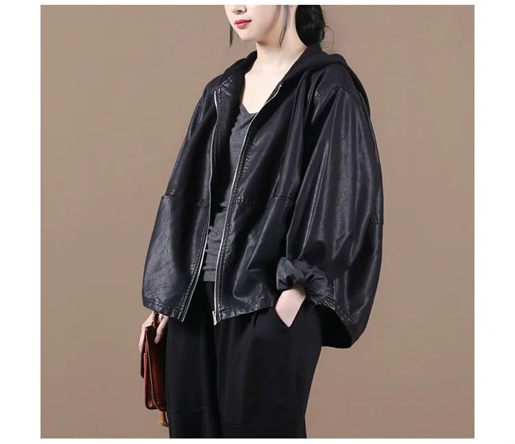 Amax LuluE Spring European Outerwear Womens Black Faux Leather Jacket Ladies Punk Casual Pu Biker Coat Loose Motorcycle Clothing