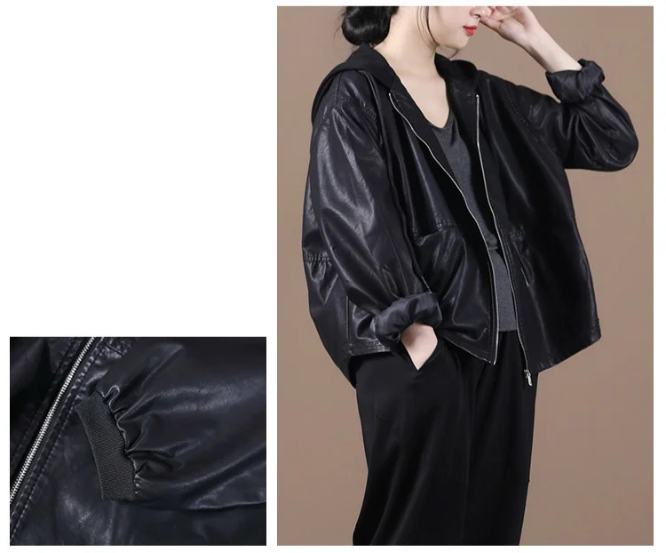 Amax LuluE Spring European Outerwear Womens Black Faux Leather Jacket Ladies Punk Casual Pu Biker Coat Loose Motorcycle Clothing