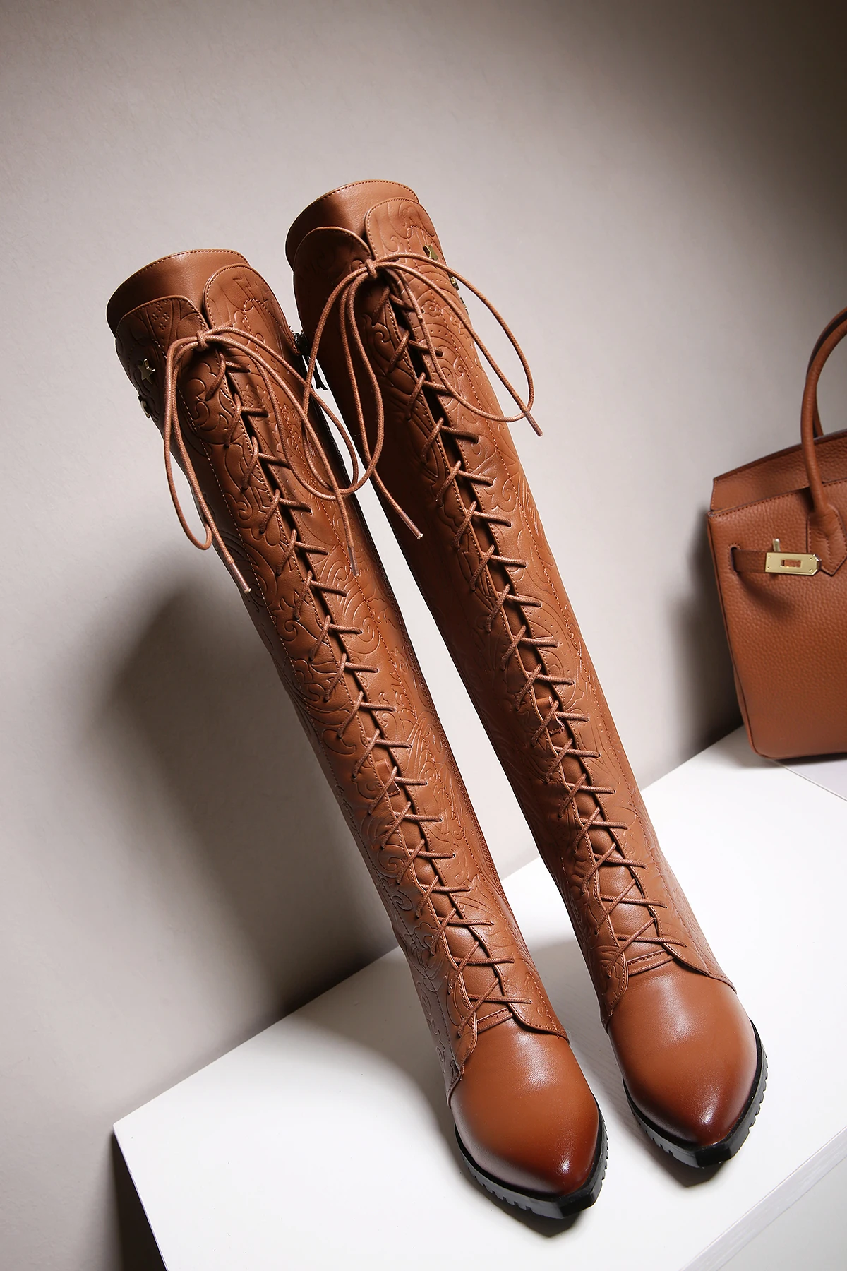 Knee High Boots Women 2026 Cow Genuine Leather Pointed Toe Heel ZIP Laces Punk Casual Warm Long Shoes Winter Big Size 42