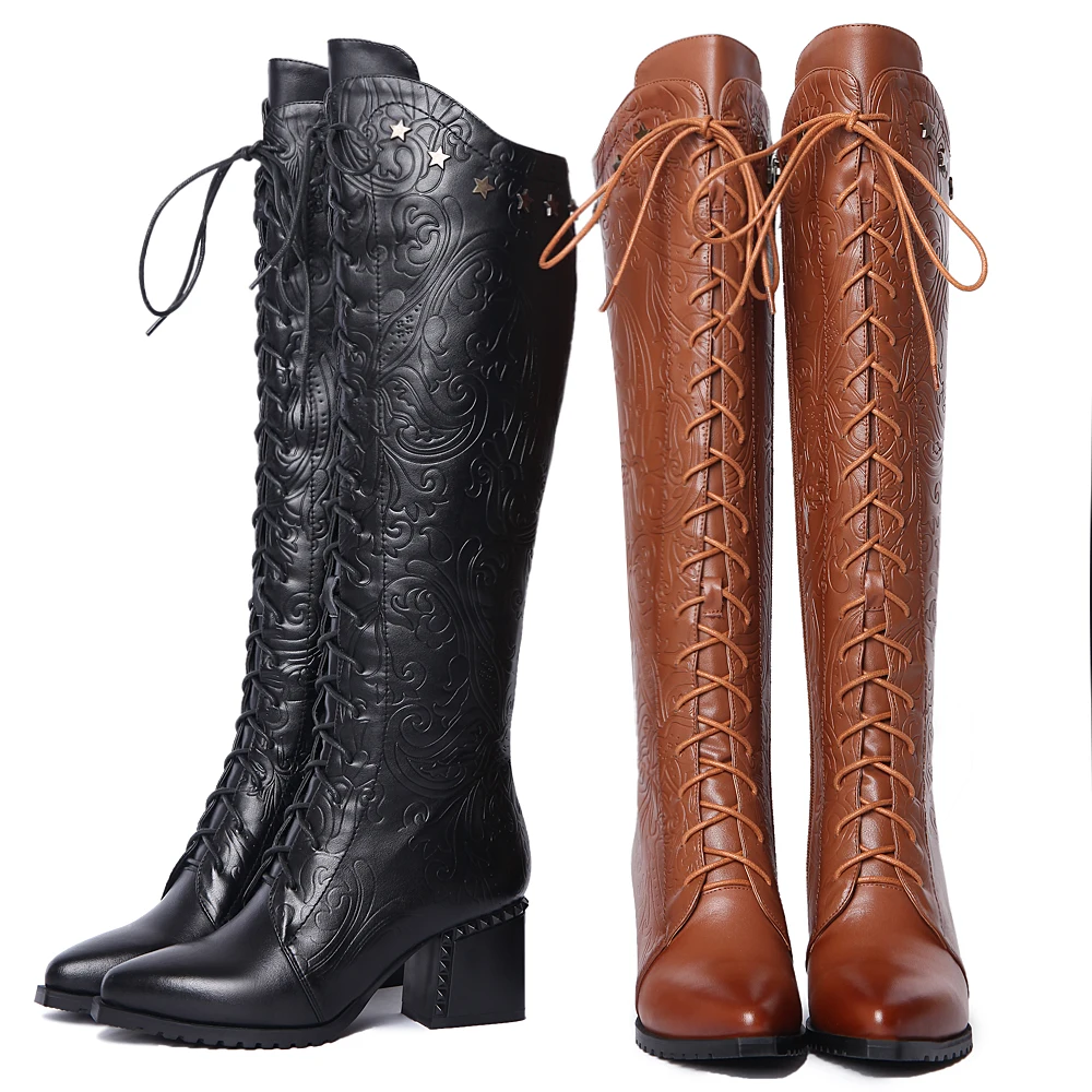 Knee High Boots Women 2026 Cow Genuine Leather Pointed Toe Heel ZIP Laces Punk Casual Warm Long Shoes Winter Big Size 42
