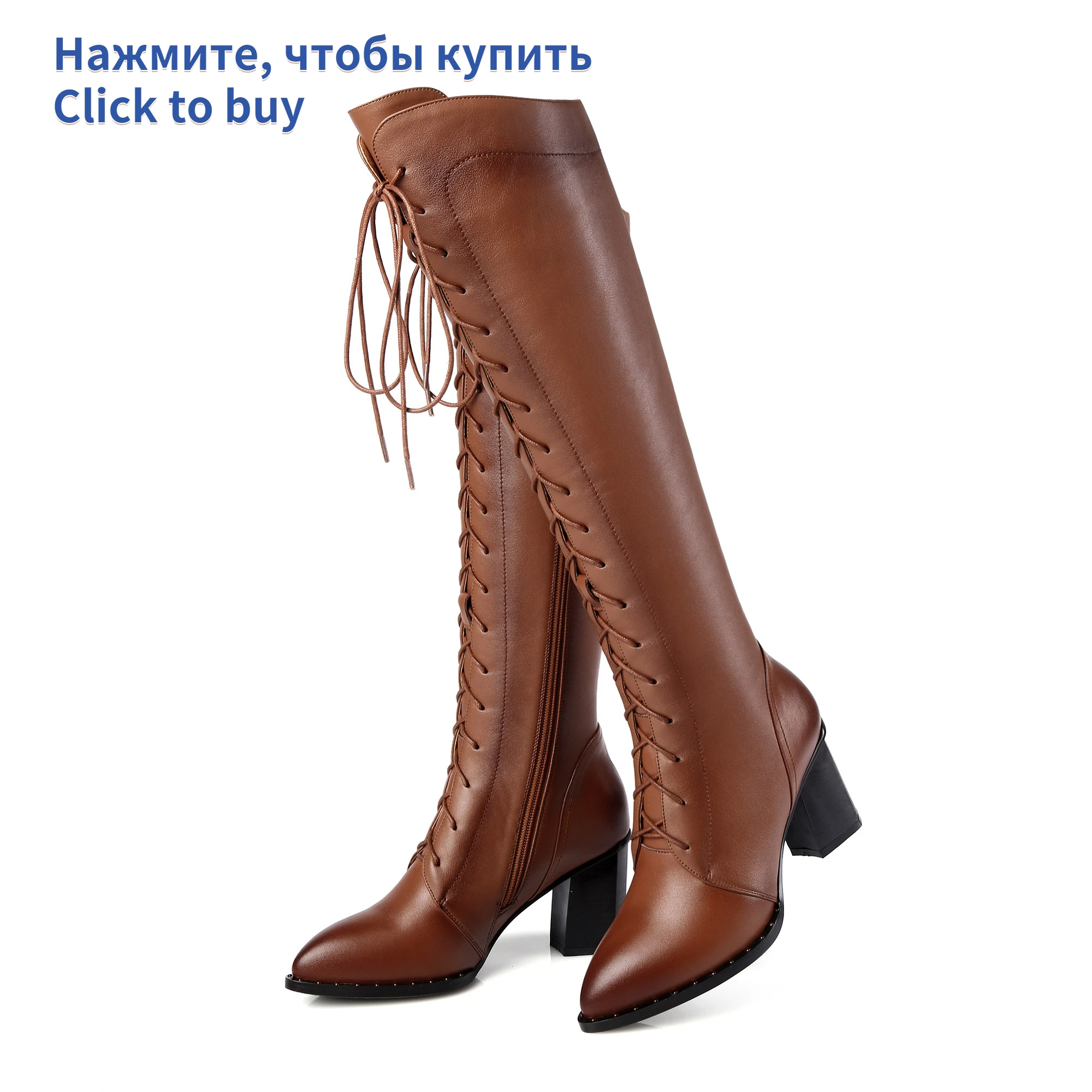 Knee High Boots Women 2026 Cow Genuine Leather Pointed Toe Heel ZIP Laces Punk Casual Warm Long Shoes Winter Big Size 42