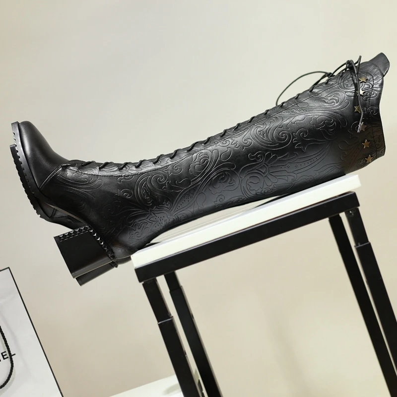 Knee High Boots Women 2026 Cow Genuine Leather Pointed Toe Heel ZIP Laces Punk Casual Warm Long Shoes Winter Big Size 42