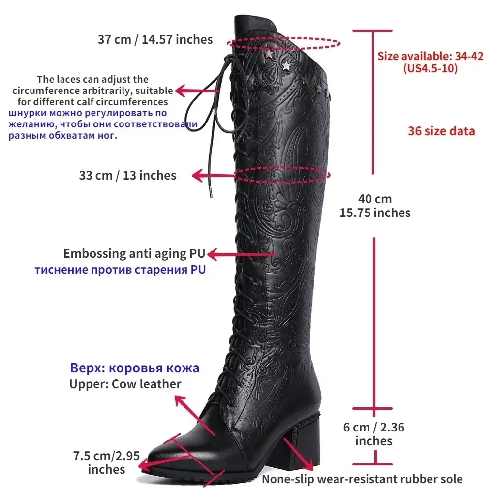 Knee High Boots Women 2026 Cow Genuine Leather Pointed Toe Heel ZIP Laces Punk Casual Warm Long Shoes Winter Big Size 42