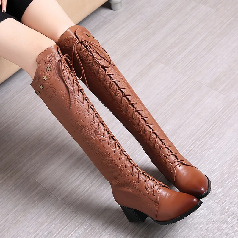 Knee High Boots Women 2026 Cow Genuine Leather Pointed Toe Heel ZIP Laces Punk Casual Warm Long Shoes Winter Big Size 42