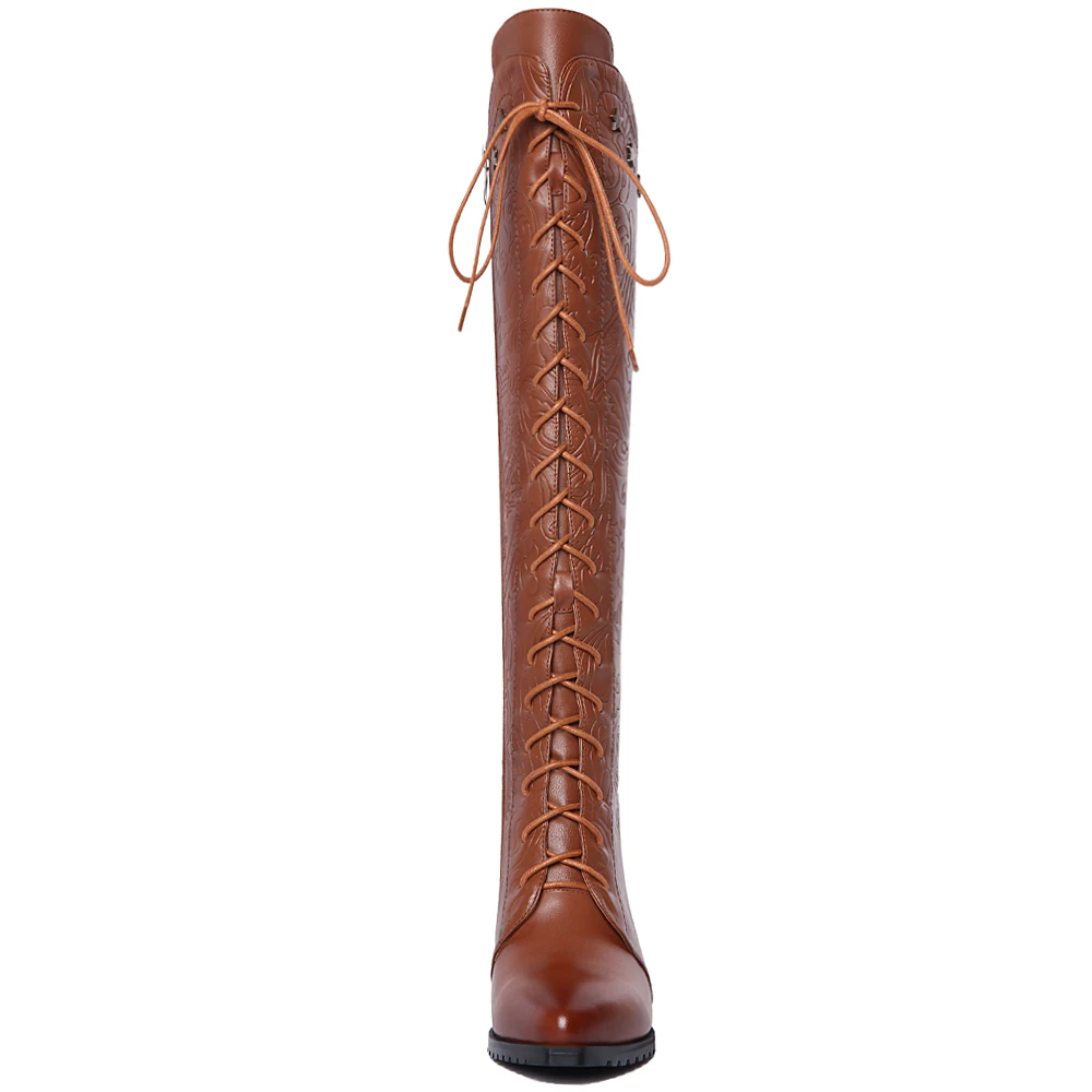 Knee High Boots Women 2026 Cow Genuine Leather Pointed Toe Heel ZIP Laces Punk Casual Warm Long Shoes Winter Big Size 42