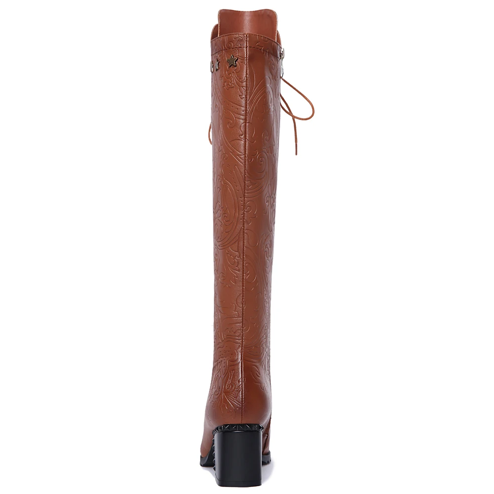Knee High Boots Women 2026 Cow Genuine Leather Pointed Toe Heel ZIP Laces Punk Casual Warm Long Shoes Winter Big Size 42