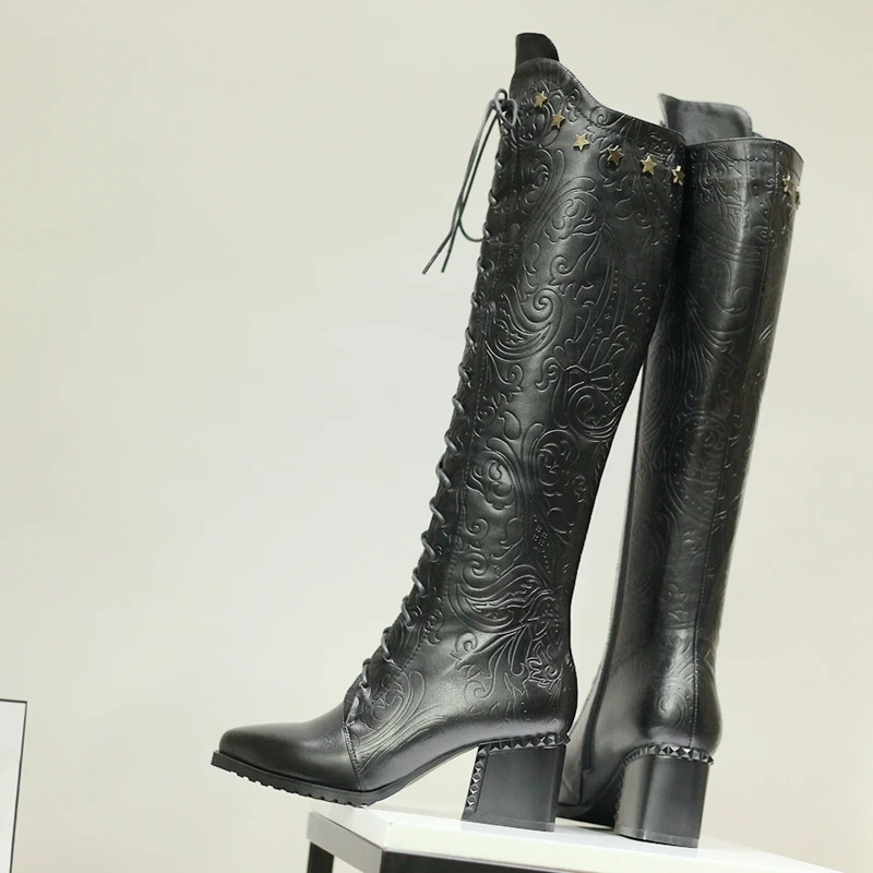 Knee High Boots Women 2026 Cow Genuine Leather Pointed Toe Heel ZIP Laces Punk Casual Warm Long Shoes Winter Big Size 42