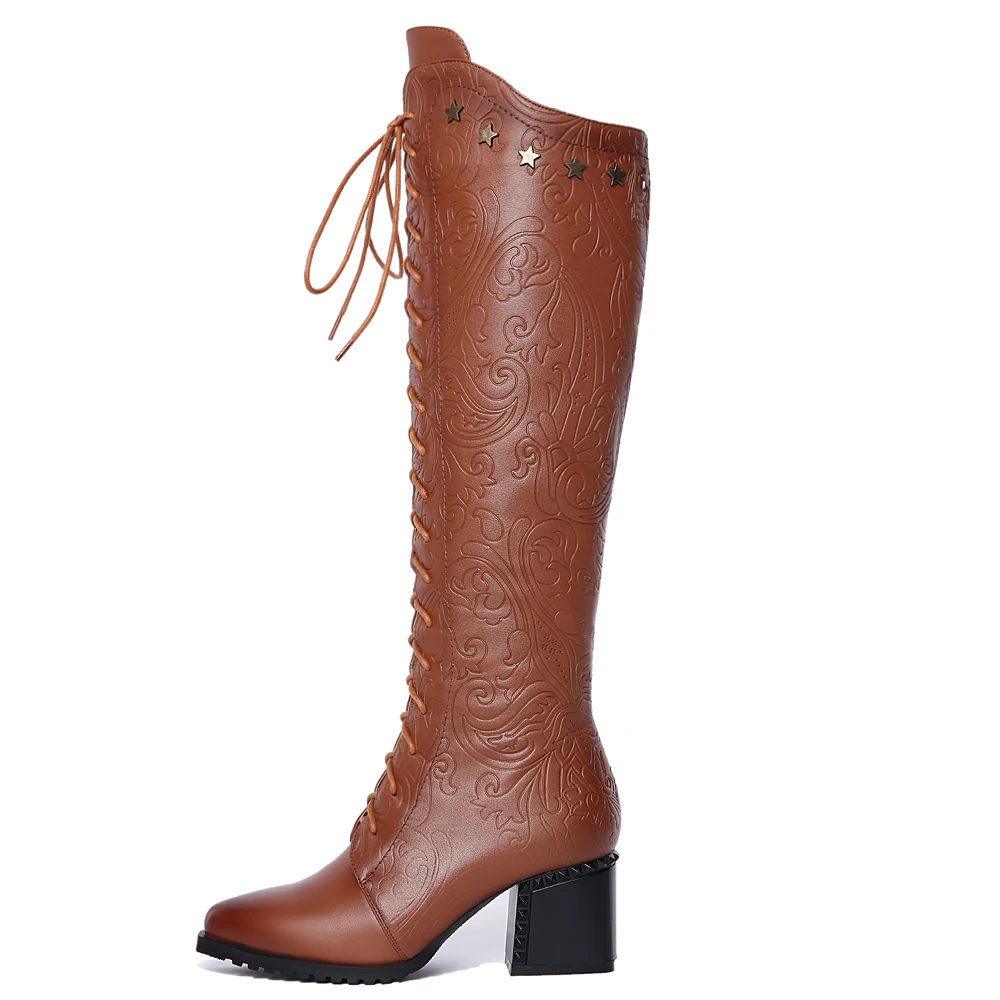 Knee High Boots Women 2026 Cow Genuine Leather Pointed Toe Heel ZIP Laces Punk Casual Warm Long Shoes Winter Big Size 42