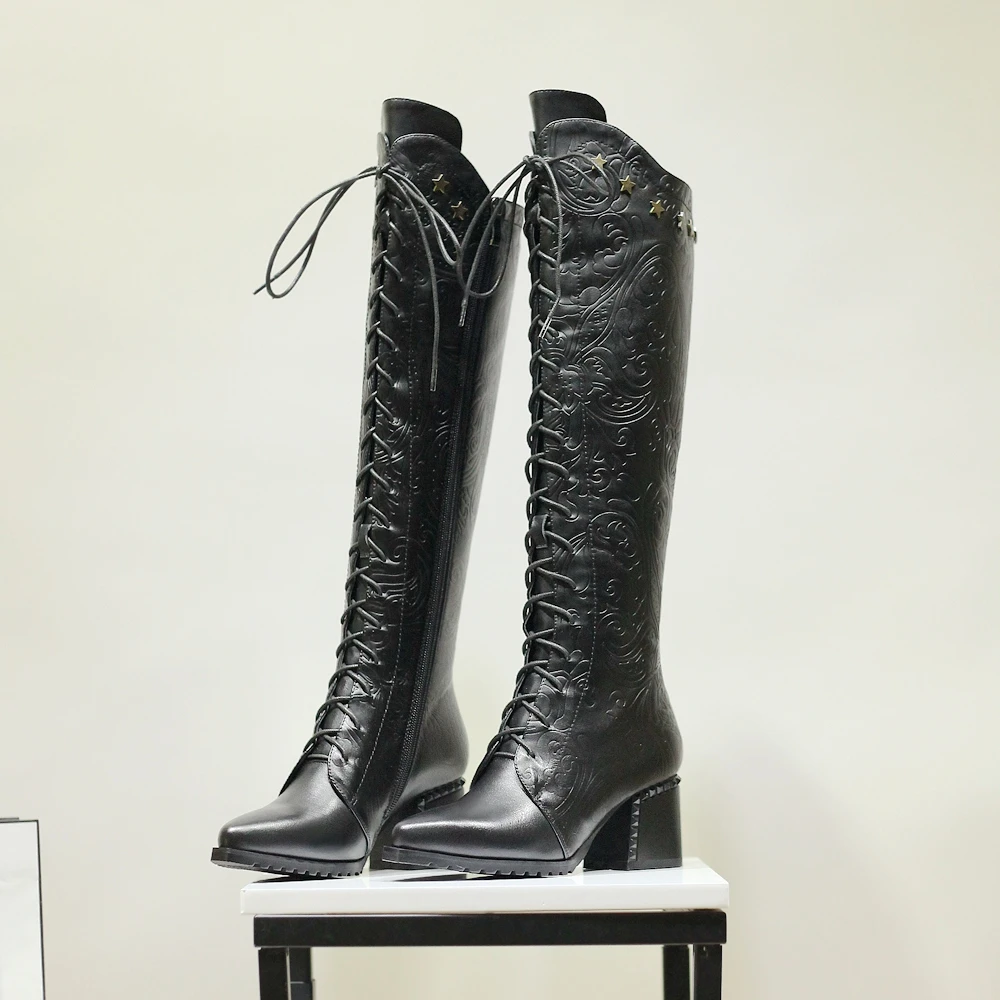 Knee High Boots Women 2026 Cow Genuine Leather Pointed Toe Heel ZIP Laces Punk Casual Warm Long Shoes Winter Big Size 42