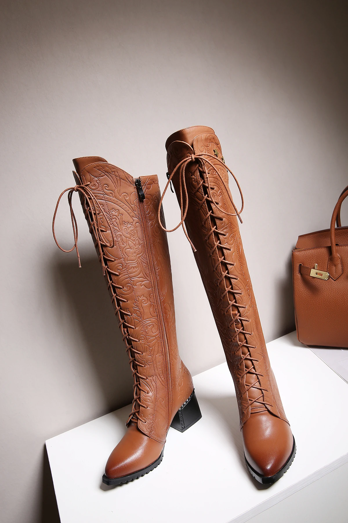 Knee High Boots Women 2026 Cow Genuine Leather Pointed Toe Heel ZIP Laces Punk Casual Warm Long Shoes Winter Big Size 42
