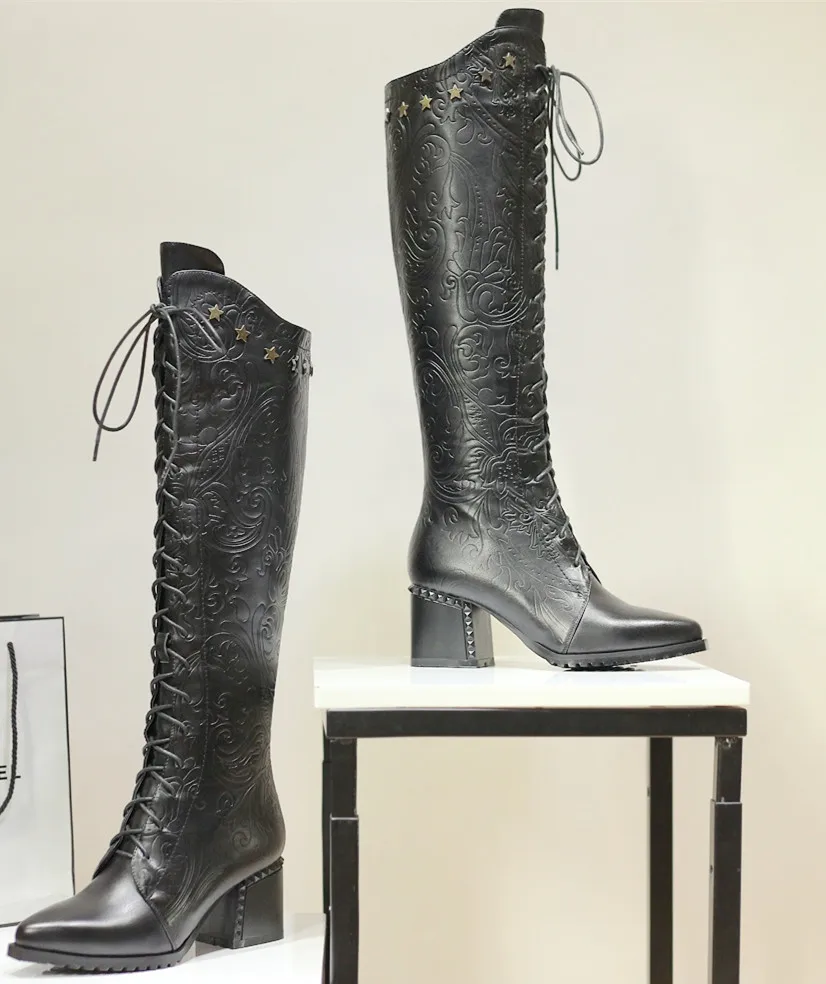 Knee High Boots Women 2026 Cow Genuine Leather Pointed Toe Heel ZIP Laces Punk Casual Warm Long Shoes Winter Big Size 42