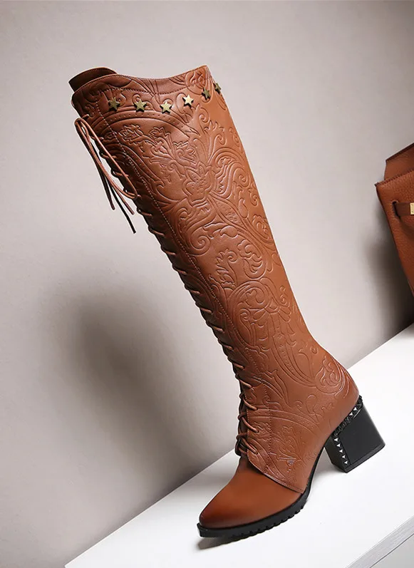 Knee High Boots Women 2026 Cow Genuine Leather Pointed Toe Heel ZIP Laces Punk Casual Warm Long Shoes Winter Big Size 42