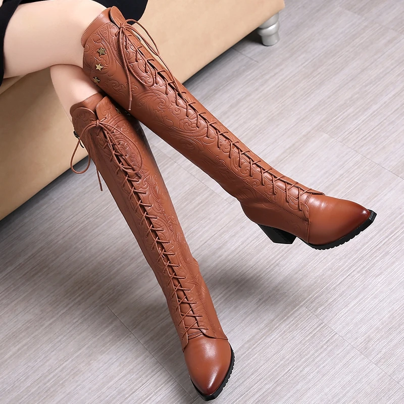 Knee High Boots Women 2026 Cow Genuine Leather Pointed Toe Heel ZIP Laces Punk Casual Warm Long Shoes Winter Big Size 42