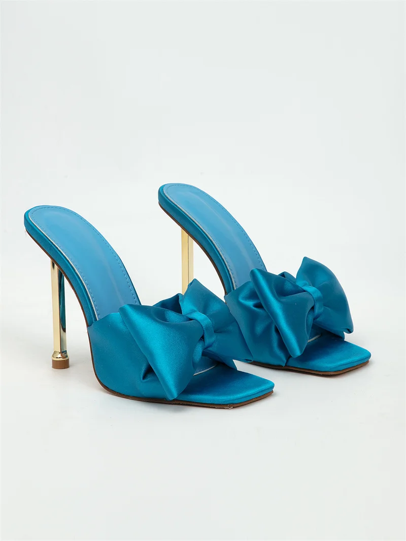 Fashion Party Metal High Heels Slippers Female Silk Butterfly-Knot Designer Gladiator Sandals Open Toe Summer Women Shoes Pumps