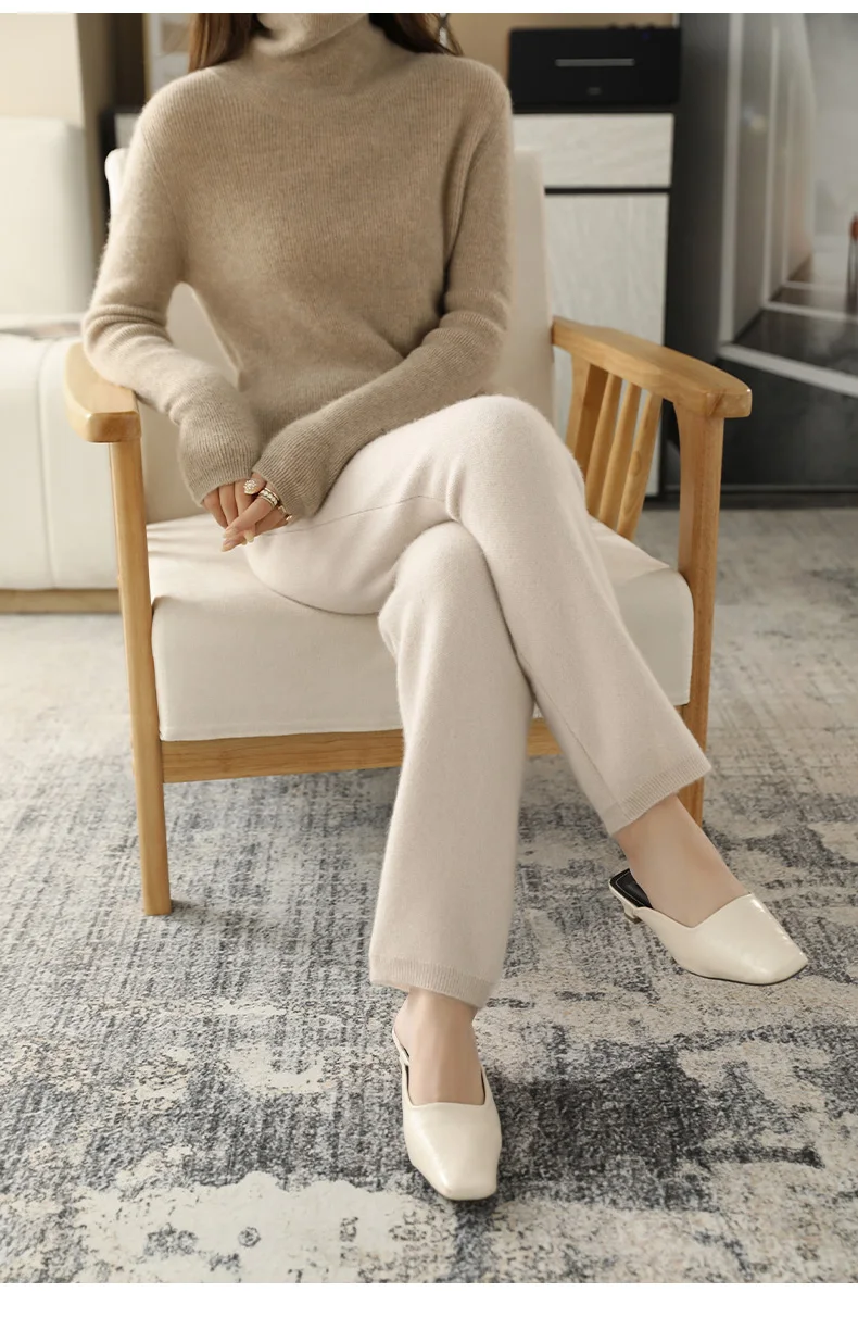 2022 Autumn/Winter New Women's High-Waisted Feet Pants 100% Pure Wool Casual Knitted Carrot Pants Trousers Tight Pants