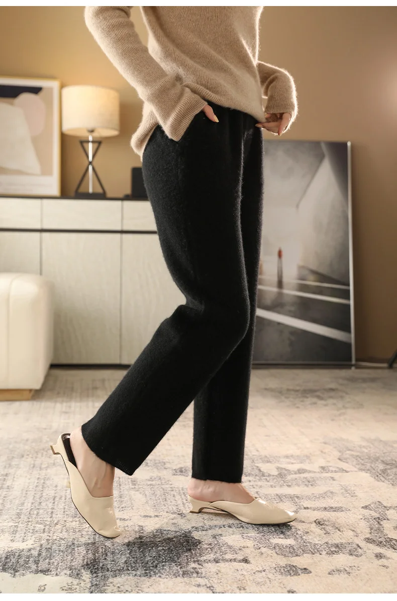 2022 Autumn/Winter New Women's High-Waisted Feet Pants 100% Pure Wool Casual Knitted Carrot Pants Trousers Tight Pants