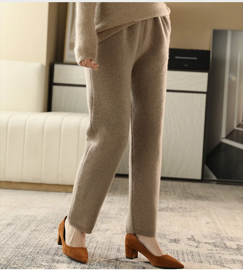 2022 Autumn/Winter New Women's High-Waisted Feet Pants 100% Pure Wool Casual Knitted Carrot Pants Trousers Tight Pants