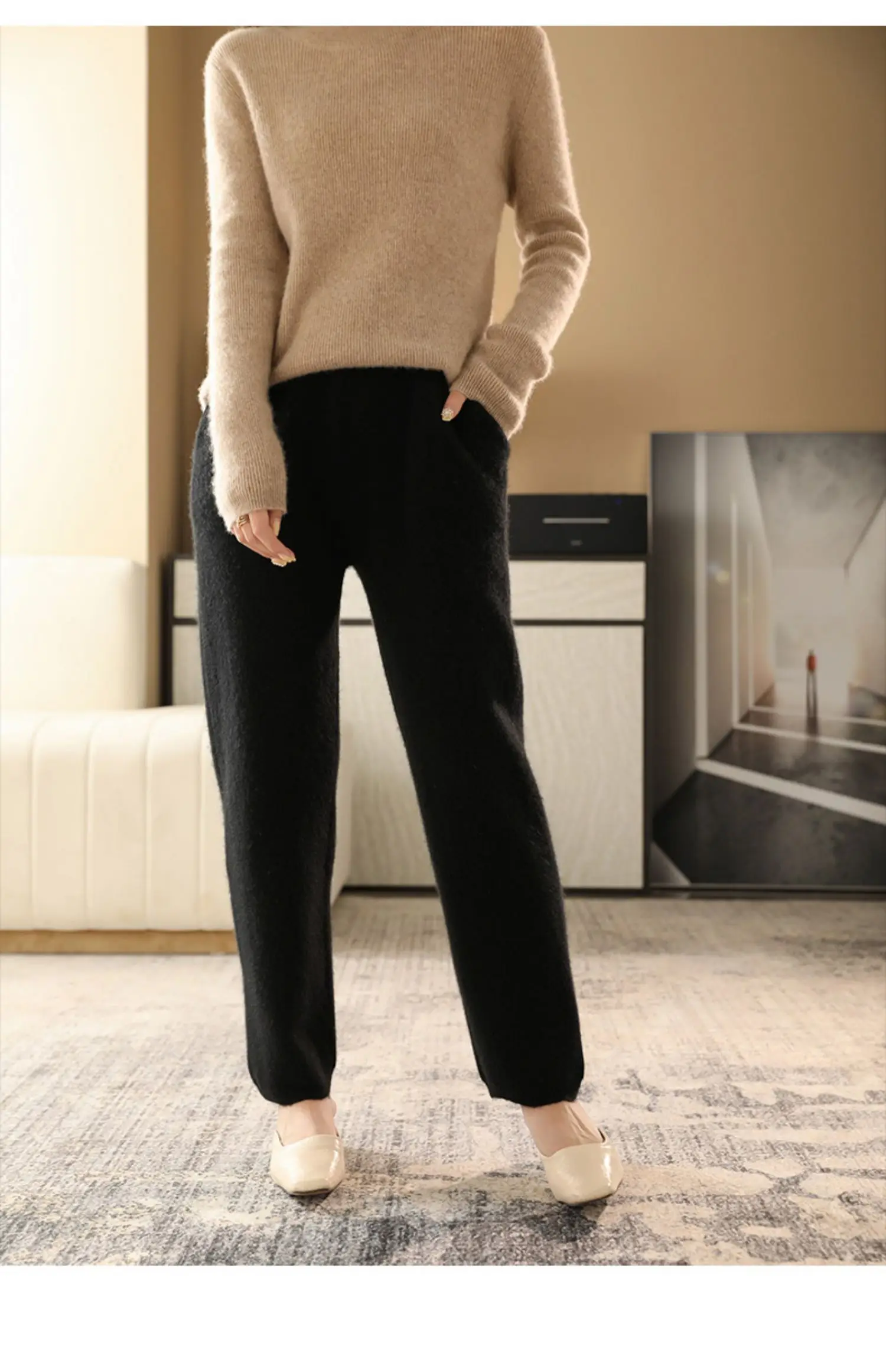 2022 Autumn/Winter New Women's High-Waisted Feet Pants 100% Pure Wool Casual Knitted Carrot Pants Trousers Tight Pants