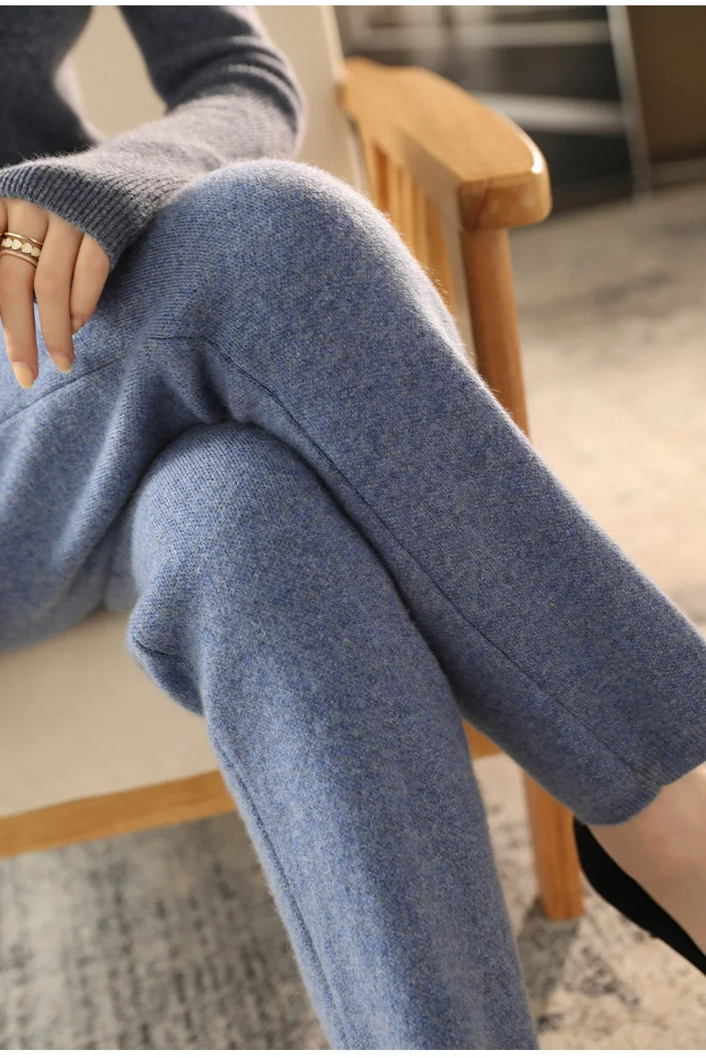 2022 Autumn/Winter New Women's High-Waisted Feet Pants 100% Pure Wool Casual Knitted Carrot Pants Trousers Tight Pants
