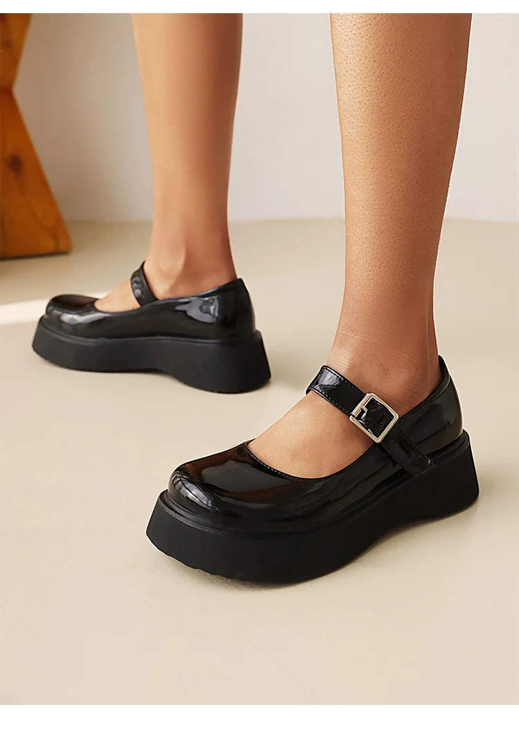 Sweet Dark Blue Mary Jane Shoes Japanese Kawaii Shiny Patent Leather Metal Belt Buckle Women's Pumps Platform Heel Shoes