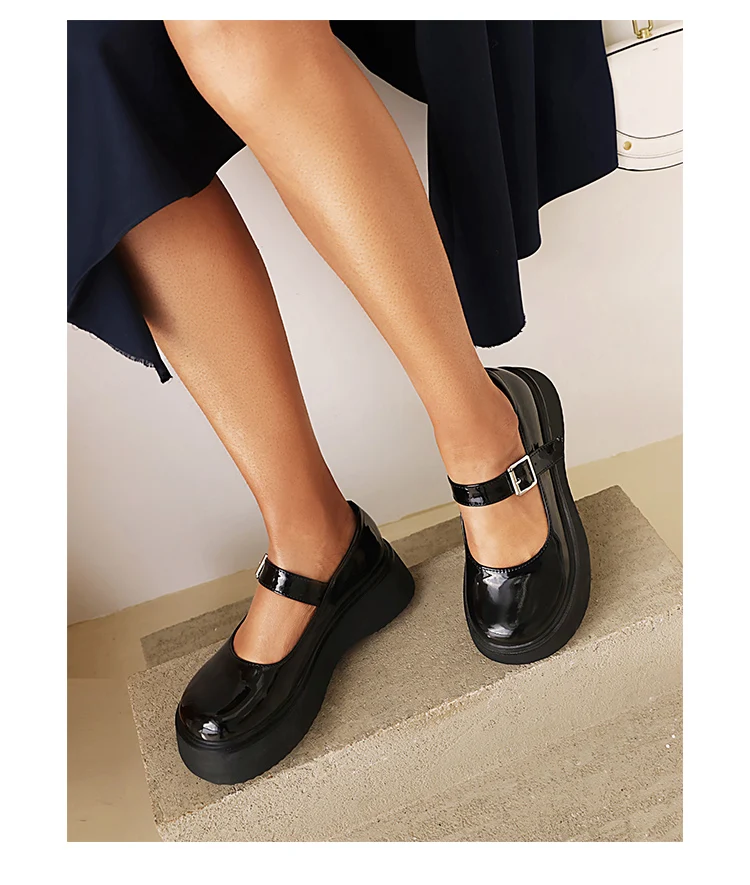Sweet Dark Blue Mary Jane Shoes Japanese Kawaii Shiny Patent Leather Metal Belt Buckle Women's Pumps Platform Heel Shoes