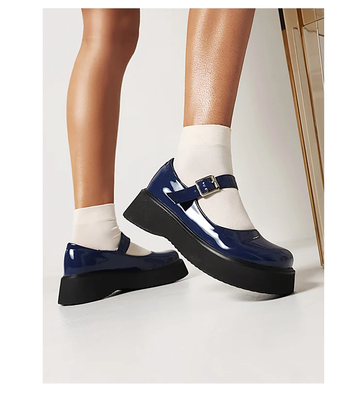 Sweet Dark Blue Mary Jane Shoes Japanese Kawaii Shiny Patent Leather Metal Belt Buckle Women's Pumps Platform Heel Shoes