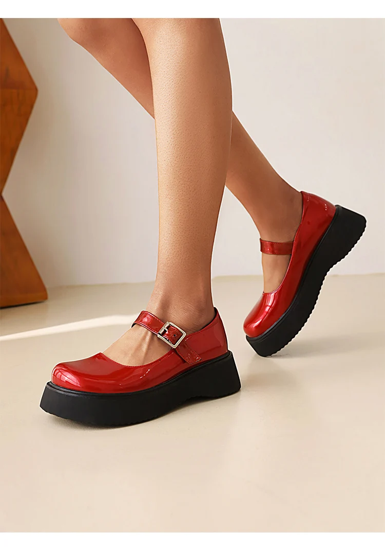 Sweet Dark Blue Mary Jane Shoes Japanese Kawaii Shiny Patent Leather Metal Belt Buckle Women's Pumps Platform Heel Shoes