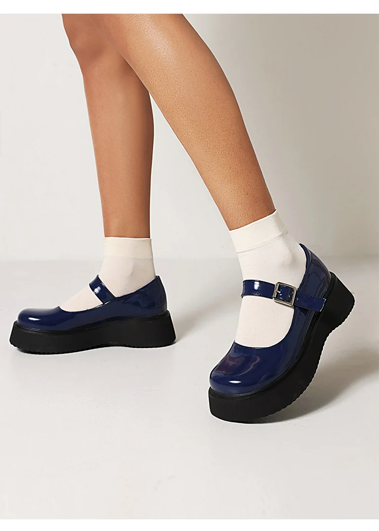 Sweet Dark Blue Mary Jane Shoes Japanese Kawaii Shiny Patent Leather Metal Belt Buckle Women's Pumps Platform Heel Shoes
