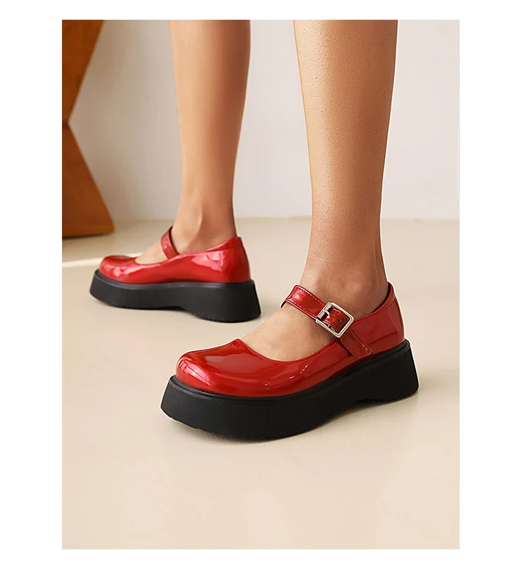 Sweet Dark Blue Mary Jane Shoes Japanese Kawaii Shiny Patent Leather Metal Belt Buckle Women's Pumps Platform Heel Shoes