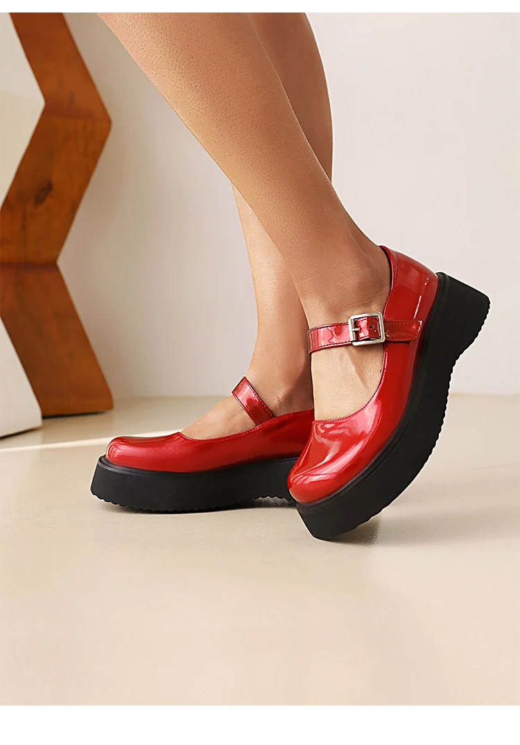Sweet Dark Blue Mary Jane Shoes Japanese Kawaii Shiny Patent Leather Metal Belt Buckle Women's Pumps Platform Heel Shoes