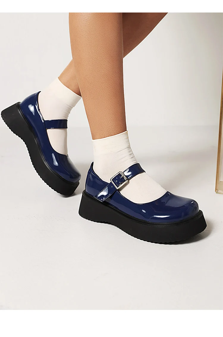 Sweet Dark Blue Mary Jane Shoes Japanese Kawaii Shiny Patent Leather Metal Belt Buckle Women's Pumps Platform Heel Shoes