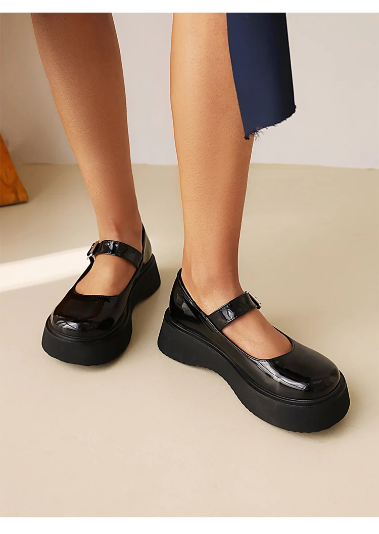 Sweet Dark Blue Mary Jane Shoes Japanese Kawaii Shiny Patent Leather Metal Belt Buckle Women's Pumps Platform Heel Shoes